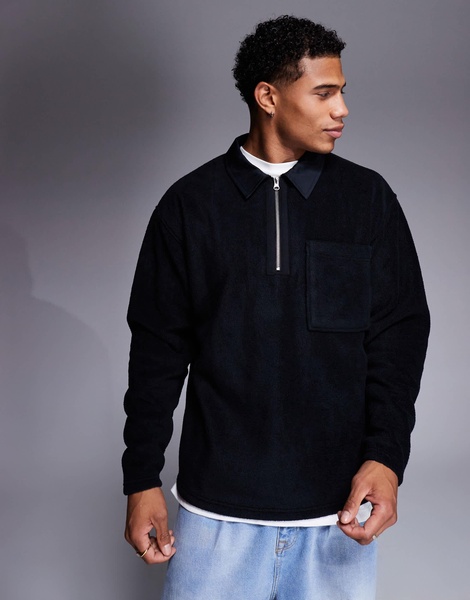 ASOS DESIGN oversized rugby polo fleece sweatshirt with quarter zip in black
