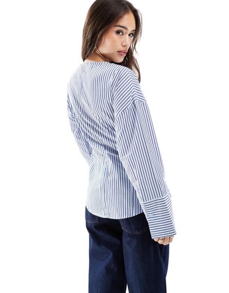 ASOS DESIGN poplin collarless cinch waist shirt in stripe
