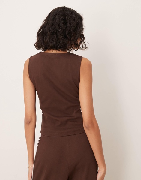 ASOS DESIGN crew neck button up top with contrast piping in brown - part of a set