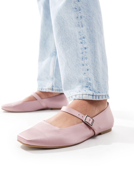 ASOS DESIGN Wide Fit Lottie Mary Jane Ballet flats in Pink satin