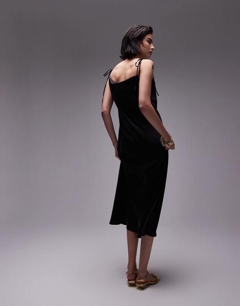 Topshop cowl neck tie shoulder midi slip dress in black