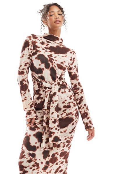 ASOS DESIGN chunky ribbed maxi dress with wrap waist in cow print
