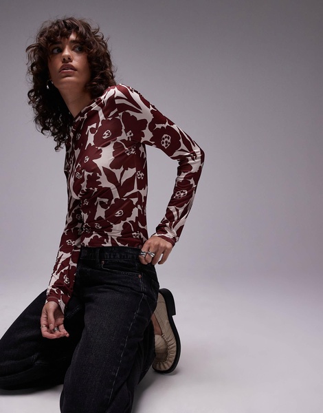 Topshop microfiber all over floral long sleeve top in red