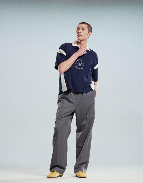 ASOS DESIGN boxy heavyweight 230gsm waffle texture oversized polo with paneling and chest print in navy