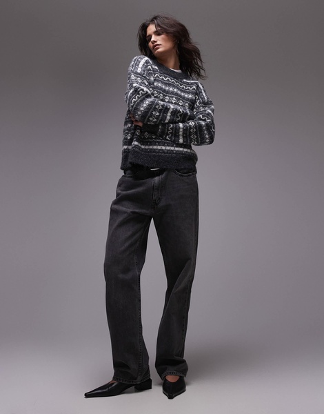 Topshop knitted all over fairisle print oversized sweater in gray