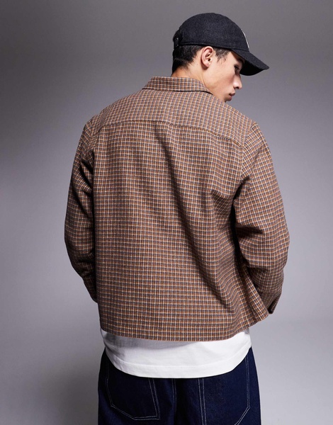 ASOS DESIGN boxy relaxed shirt in wool look check with chest embroidery in brown