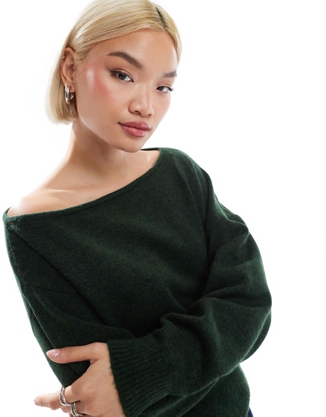 ASOS DESIGN fluffy one-shoulder sweater in forest green