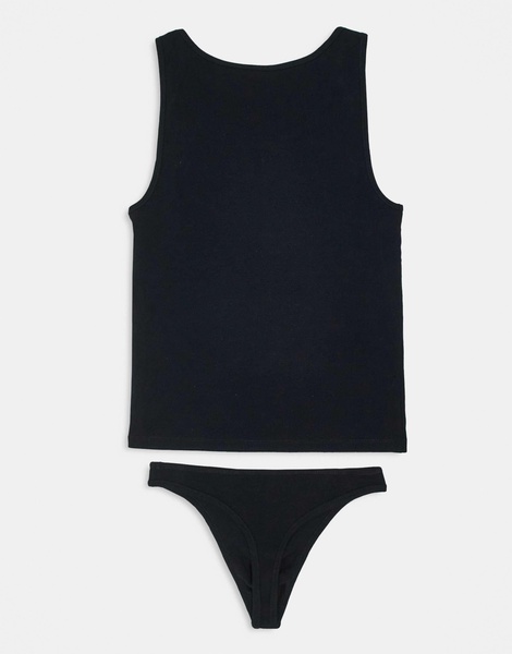 ASOS DESIGN rib thong and vest set in black
