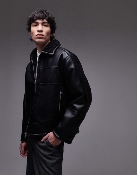 Topman faux leather shearling jacket with pocket detail in black