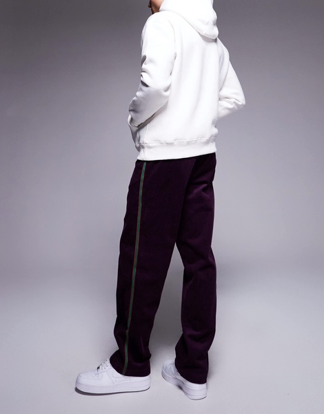 ASOS DESIGN pull on pants in purple corduroy with stripe detail