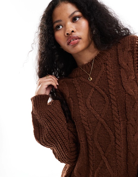 Brave Soul Petite oversized cable knit sweater in brown