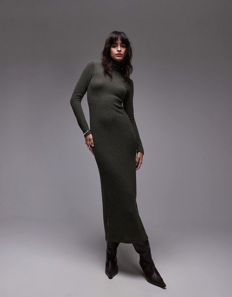 Mango fold over bardot maxi dress in khaki
