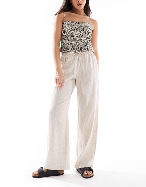 Bershka tie waist wide leg linen-rich pants in sand