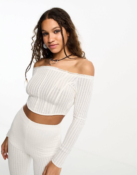 Bersha lettuce edge pointelle bardot top in ecru - part of a set