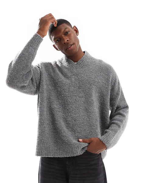 ASOS DESIGN super oversized boxy fit textured knit v neck sweater in gray