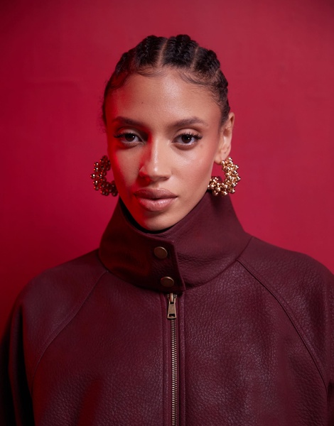 ASOS DESIGN leather look bomber jacket in burgundy