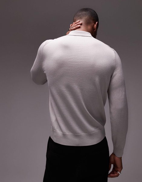 ARKET merino wool knit long sleeve polo shirt in off-white