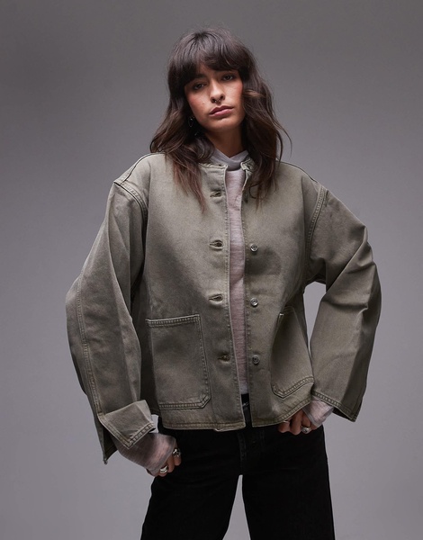 ARKET oversized denim shacket with high collar and front patch pockets in washed khaki green