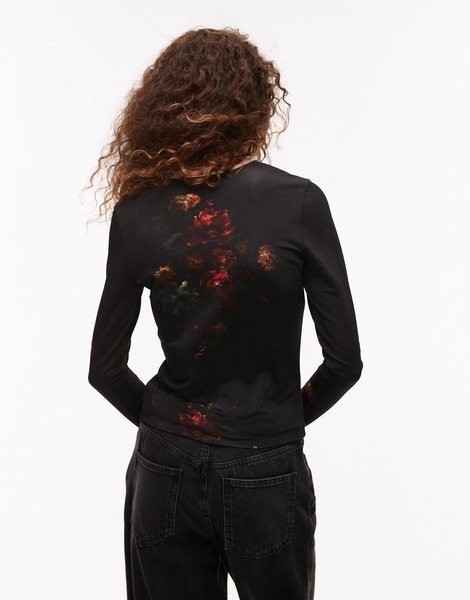 AllSaints Katlyn long sleeve mesh top in black floral