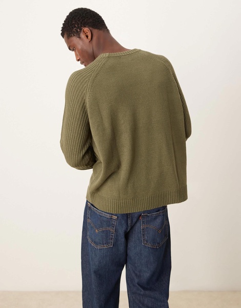 ASOS DESIGN oversized boxy fit knitted crew neck sweater with rib sleeves in khaki