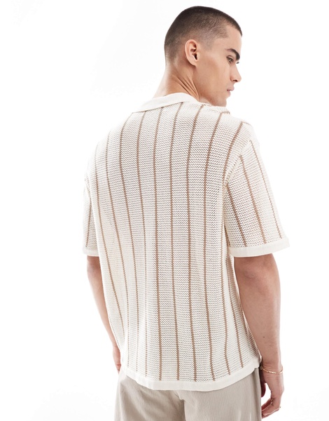 Bershka knitted button through stripe shirt in ecru