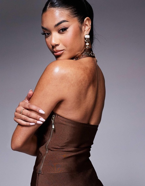 ASOS DESIGN scoop detail halter neck bandage top in chocolate - part of a set