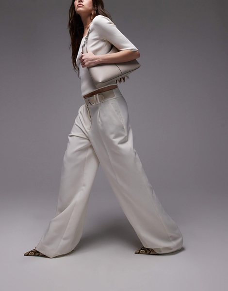 Mango buckle waistband straight leg pants in white