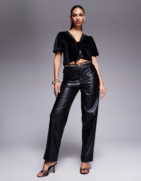 ASOS DESIGN lace trim velvet tie front puff sleeve blouse in black