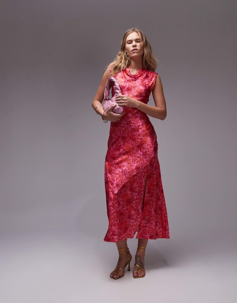 Topshop drape neck maxi dress in pink floral