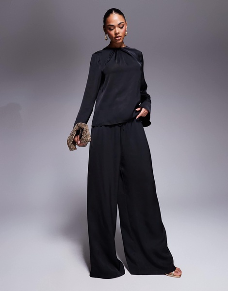 ASOS DESIGN long sleeve satin top in black - part of a set