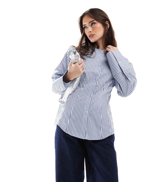 ASOS DESIGN poplin collarless cinch waist shirt in stripe