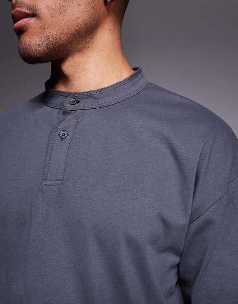 ASOS DESIGN heavyweight oversized boxy long sleeve henley t-shirt with step hem in charcoal