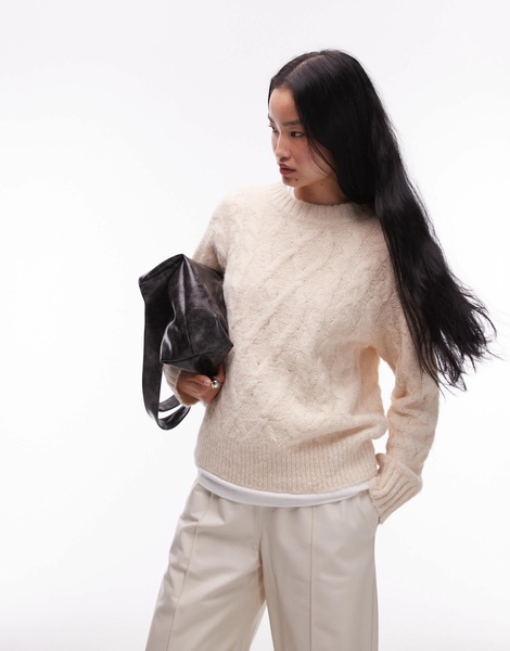 Topshop knitted fluffy cable crew relaxed sweater in cream