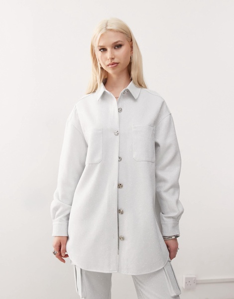 Amy Lynn button up oversized shirt in silver - part of a set
