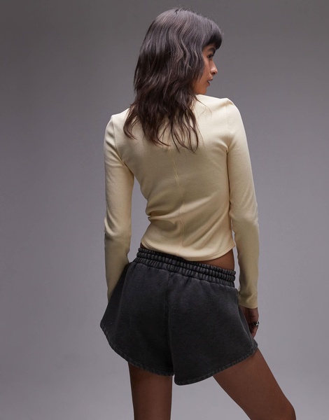 Topshop rib curve hem long sleeve tee in washed lemon