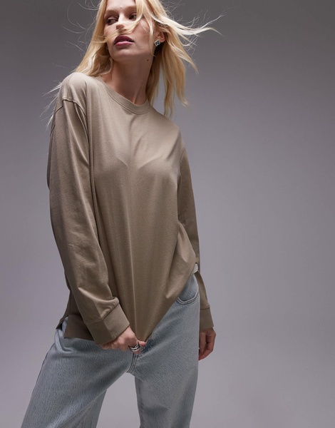 Mango round neck long sleeve T-shirt in beige