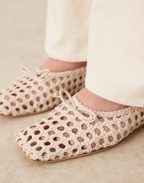 ASOS DESIGN Lysandra leather high-vamp ballet flats in off-white weave