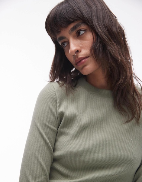 Topshop rib curve hem long sleeve tee in soft khaki
