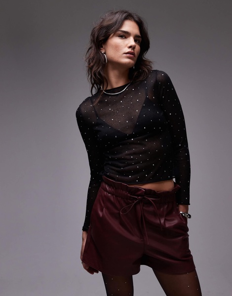 Mango embellished mesh long sleeve top in black