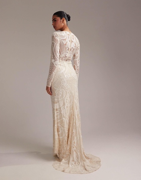 ASOS DESIGN embroidered plunge long sleeve maxi wedding dress in ivory