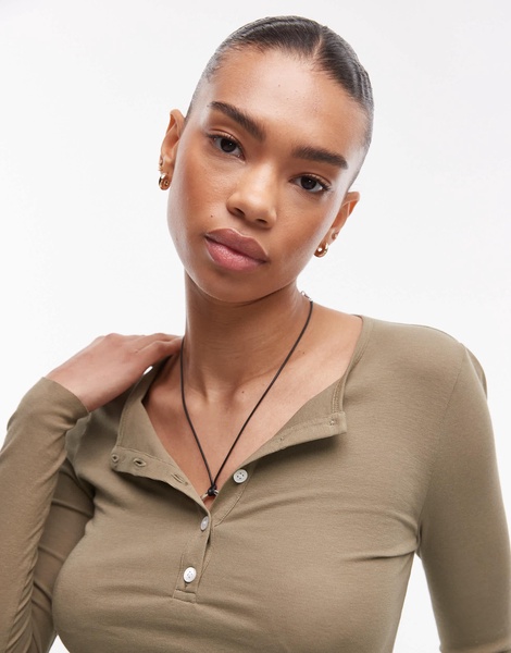 ARKET sheer jersey long sleeve top with button placket in khaki green