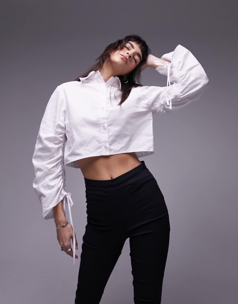 Topshop ruched sleeve poplin crop shirt in white