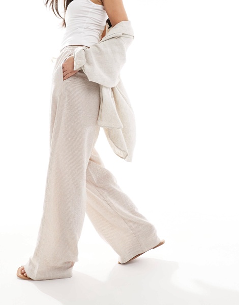 Bershka tie waist wide leg linen pants in ecru stripe