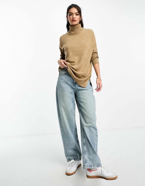 French Connection oversized turtle neck sweater with ribbed arm detail in camel