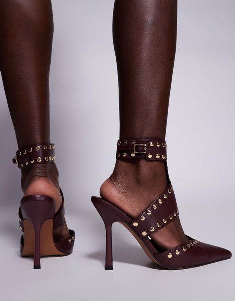 ASOS DESIGN Wide Fit Power studded high heeled shoes in burgundy