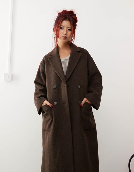Monki belted double breasted coat in brown melange