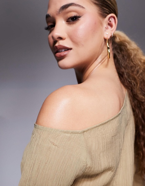 ASOS DESIGN off shoulder long sleeve top in khaki