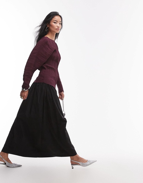 ARKET plisse top with sculptural sleeves in burgundy