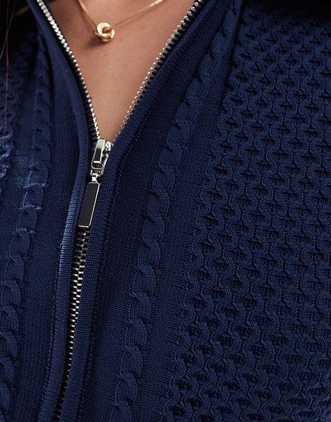 Bershka cable knit polo top in navy