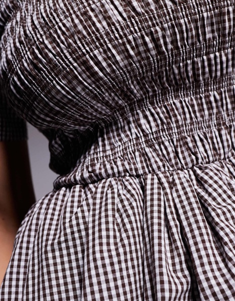 Amy Lynn Alexa shirred puffball ultra mini dress in chocolate and white gingham